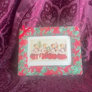 Festive Red and Green Choir Boys  Vintage Christmas Card in Fabric 5x7 Frame